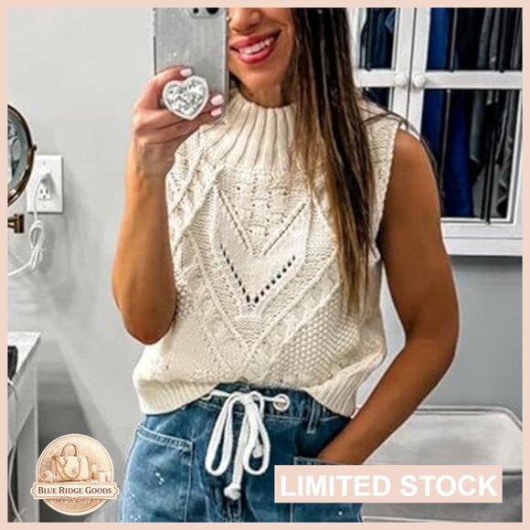 Turtleneck Crochet Sweater Vest Chunky Knit Sleeveless Pullover Y2K Chic - Picture 5 of 7